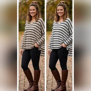 2 Tops Express Beige and Black Grey And Black Dolman Striped V-Neck Long Sleeve